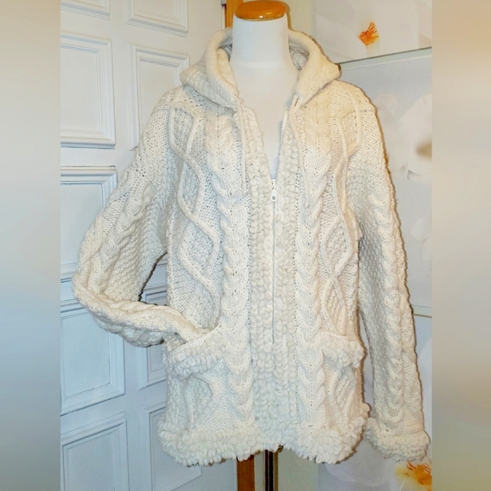 100% Wool Fisherman Chunky Cable Knit Cardigan Sweater